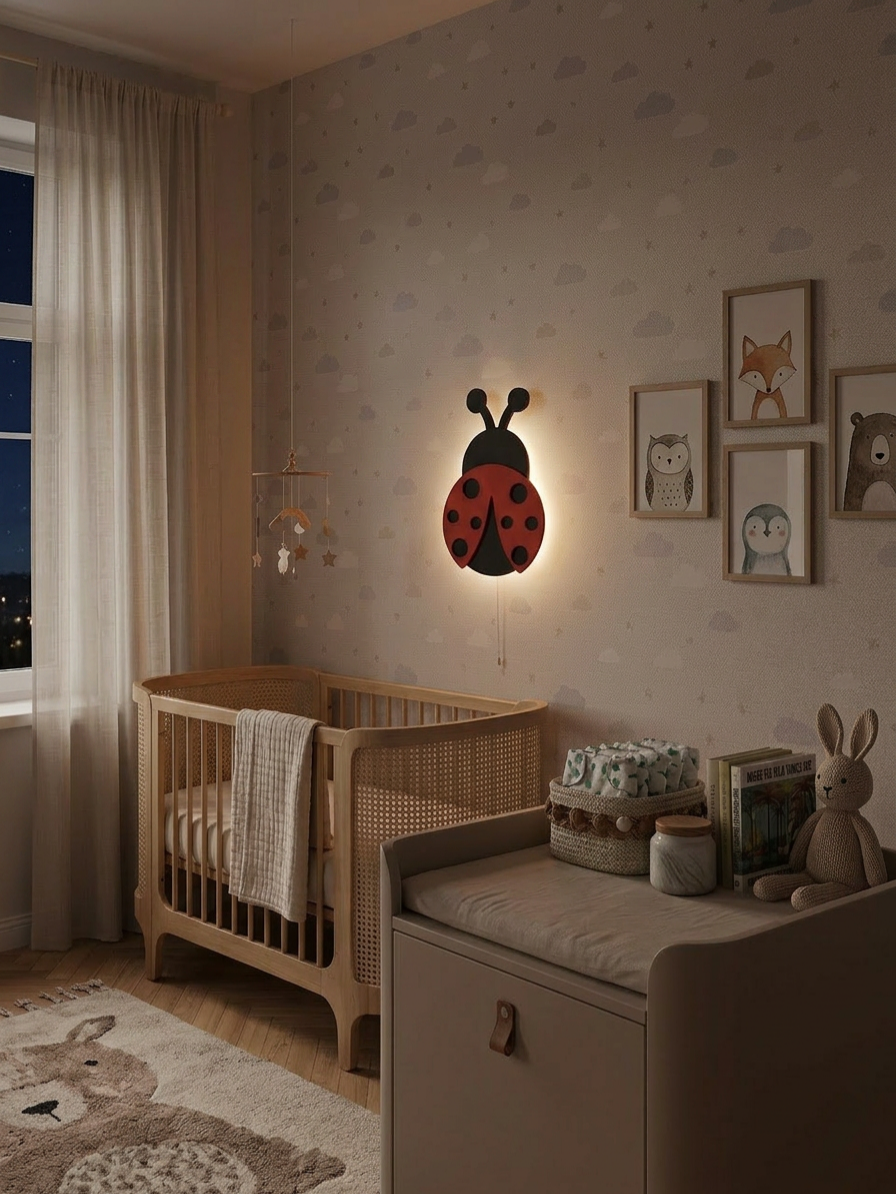 Ahşap Uğur Böceği Çocuk Odası Duvar Apliği - Kablosuz Pilli Gece Lambası